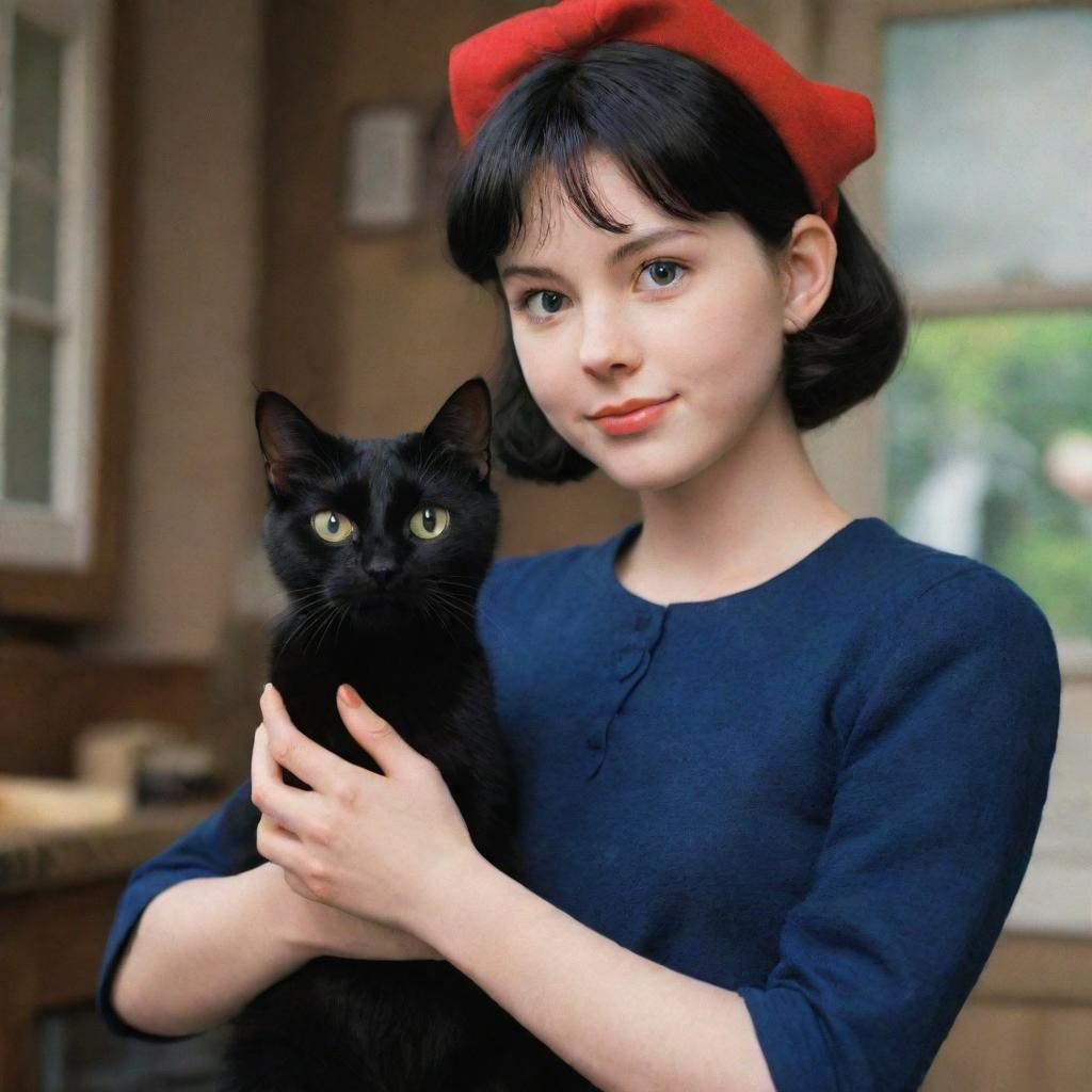 A realistic yet enchanting image of Kiki and her black cat, Gigi, from 'Kiki's Delivery Service', styled in a detailed and lifelike manner while preserving their Ghibli essence.