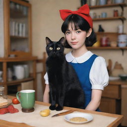 A realistic yet enchanting image of Kiki and her black cat, Gigi, from 'Kiki's Delivery Service', styled in a detailed and lifelike manner while preserving their Ghibli essence.