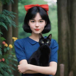 A realistic yet enchanting image of Kiki and her black cat, Gigi, from 'Kiki's Delivery Service', styled in a detailed and lifelike manner while preserving their Ghibli essence.