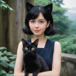 A realistic and detailed representation of Kiki and her black cat companion, Jiji, from 'Kiki's Delivery Service', maintaining the enchantment of Ghibli's unique style.