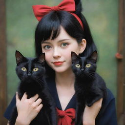 A realistic and detailed representation of Kiki and her black cat companion, Jiji, from 'Kiki's Delivery Service', maintaining the enchantment of Ghibli's unique style.