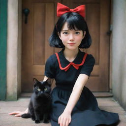 A realistic and detailed representation of Kiki and her black cat companion, Jiji, from 'Kiki's Delivery Service', maintaining the enchantment of Ghibli's unique style.