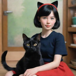 A realistic and detailed representation of Kiki and her black cat companion, Jiji, from 'Kiki's Delivery Service', maintaining the enchantment of Ghibli's unique style.