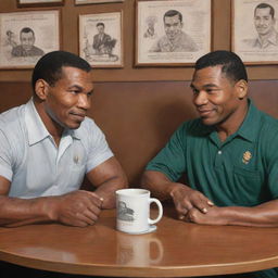 A detailed artwork of Mike Tyson and Soekarno sitting in a warm, inviting coffee shop, engaged in a friendly conversation over mugs of coffee.