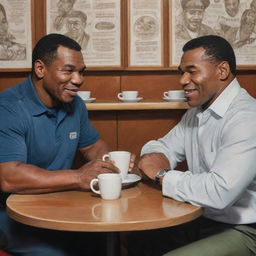 A detailed artwork of Mike Tyson and Soekarno sitting in a warm, inviting coffee shop, engaged in a friendly conversation over mugs of coffee.