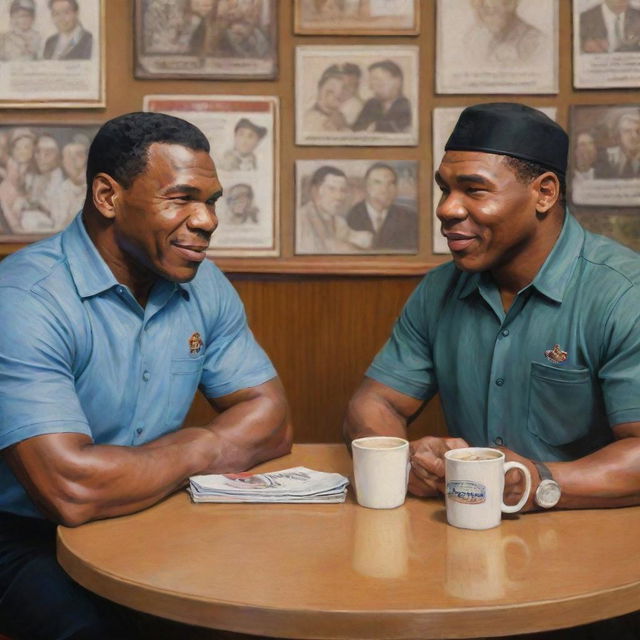 A detailed artwork of Mike Tyson and Soekarno sitting in a warm, inviting coffee shop, engaged in a friendly conversation over mugs of coffee.