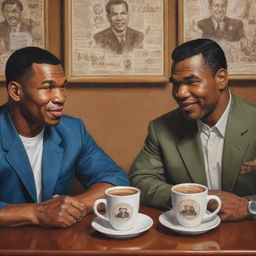 A detailed artwork of Mike Tyson and Soekarno sitting in a warm, inviting coffee shop, engaged in a friendly conversation over mugs of coffee.