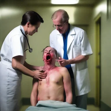 In the haunted asylum, the victim is forcefully restrained as the doctor approaches with the inhalation general anesthetic, their worst nightmare about to take hold.