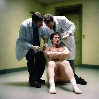 In the haunted asylum, the victim is forcefully restrained as the doctor approaches with the inhalation general anesthetic, their worst nightmare about to take hold.