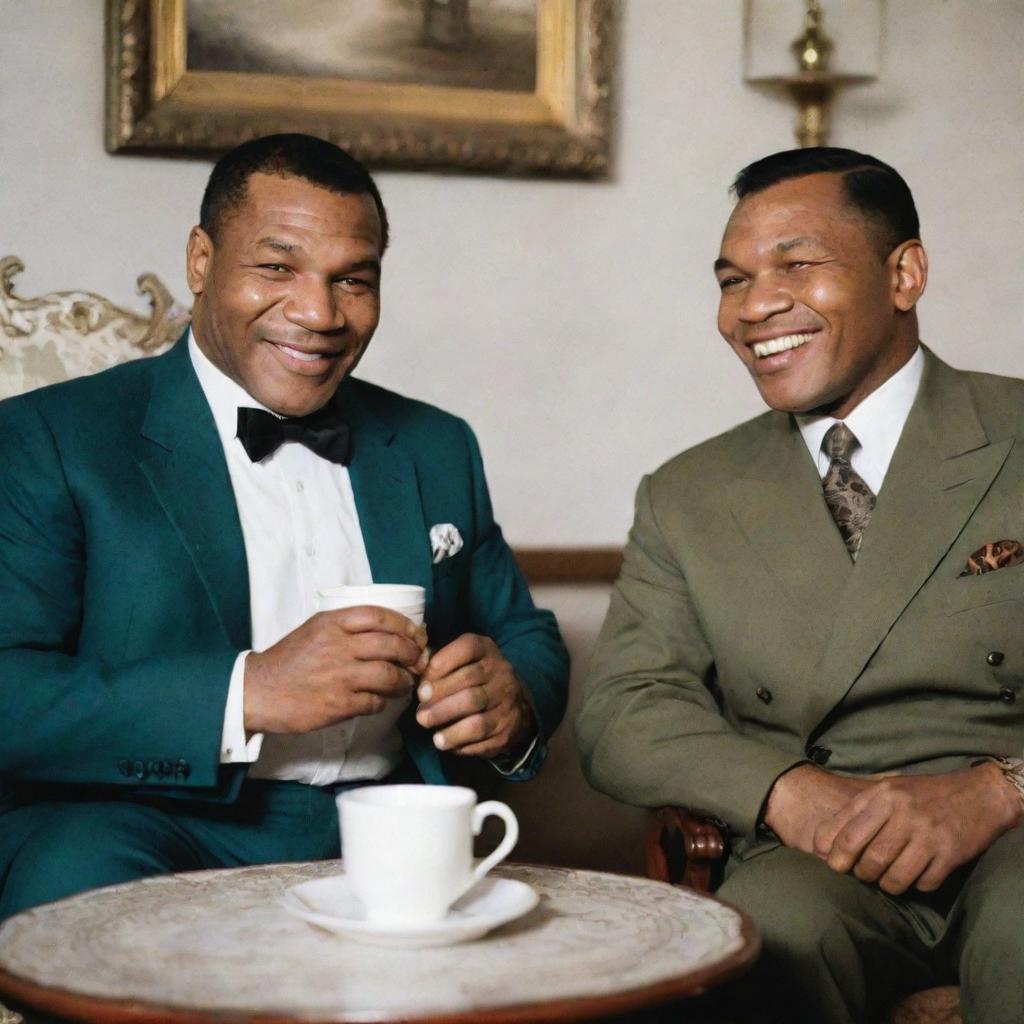 Mike Tyson and Soekarno, the first President of Indonesia, sitting together in a relaxed setting, joyfully sipping coffee