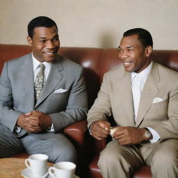 Mike Tyson and Soekarno, the first President of Indonesia, sitting together in a relaxed setting, joyfully sipping coffee