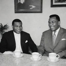 Mike Tyson and Soekarno, the first President of Indonesia, sitting together in a relaxed setting, joyfully sipping coffee