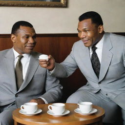 Mike Tyson and Soekarno, the first President of Indonesia, sitting together in a relaxed setting, joyfully sipping coffee