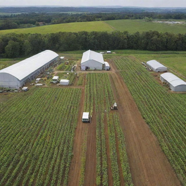 A richly detailed panoramic view of a bustling organic farming facility, filled with lush, healthy crops, compost areas, renewable energy sources, and farm operators diligently at work.