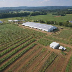 A richly detailed panoramic view of a bustling organic farming facility, filled with lush, healthy crops, compost areas, renewable energy sources, and farm operators diligently at work.