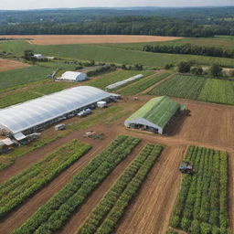 A richly detailed panoramic view of a bustling organic farming facility, filled with lush, healthy crops, compost areas, renewable energy sources, and farm operators diligently at work.