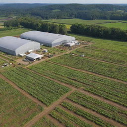 A richly detailed panoramic view of a bustling organic farming facility, filled with lush, healthy crops, compost areas, renewable energy sources, and farm operators diligently at work.