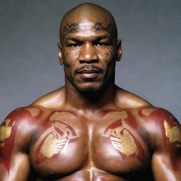 Mike Tyson in an Iron Man suit, his recognizable tribal tattoo reflecting off the metallic, red and gold armor