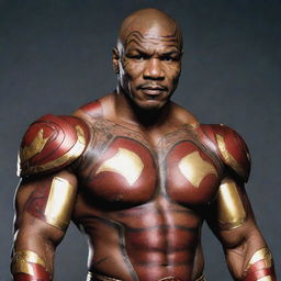 Mike Tyson in an Iron Man suit, his recognizable tribal tattoo reflecting off the metallic, red and gold armor