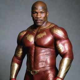 Mike Tyson in an Iron Man suit, his recognizable tribal tattoo reflecting off the metallic, red and gold armor