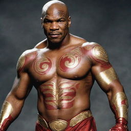 Mike Tyson in an Iron Man suit, his recognizable tribal tattoo reflecting off the metallic, red and gold armor