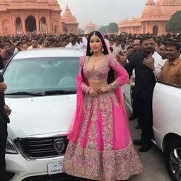 Nicki Minaj, in vibrant and fashionable attire, stepping out of a luxurious vehicle at the historical Ram Mandir in Ayodhya, with an entourage and adoring fans around her.