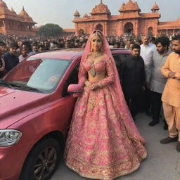 Nicki Minaj, in vibrant and fashionable attire, stepping out of a luxurious vehicle at the historical Ram Mandir in Ayodhya, with an entourage and adoring fans around her.