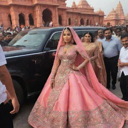 Nicki Minaj, in vibrant and fashionable attire, stepping out of a luxurious vehicle at the historical Ram Mandir in Ayodhya, with an entourage and adoring fans around her.