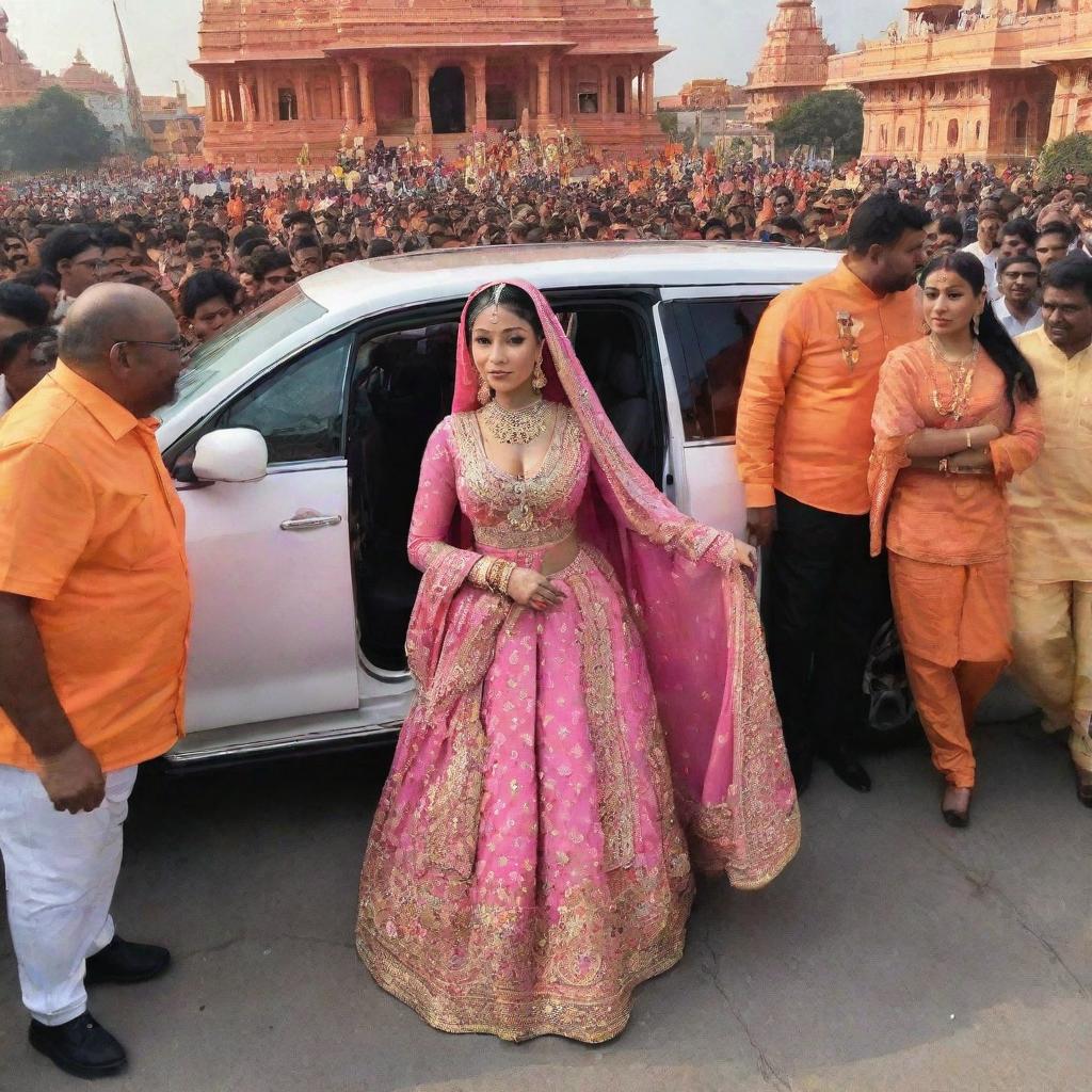 Nicki Minaj, in vibrant and fashionable attire, stepping out of a luxurious vehicle at the historical Ram Mandir in Ayodhya, with an entourage and adoring fans around her.