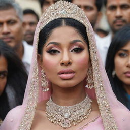 A close-up of Nicki Minaj's face, her makeup meticulously done, enhancing her features as she steps out of a luxurious vehicle at the historical Ram Mandir in Ayodhya, surrounded by her entourage and adoring fans.