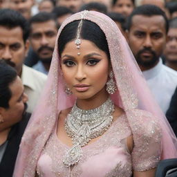 A close-up of Nicki Minaj's face, her makeup meticulously done, enhancing her features as she steps out of a luxurious vehicle at the historical Ram Mandir in Ayodhya, surrounded by her entourage and adoring fans.