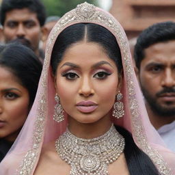 A close-up of Nicki Minaj's face, her makeup meticulously done, enhancing her features as she steps out of a luxurious vehicle at the historical Ram Mandir in Ayodhya, surrounded by her entourage and adoring fans.