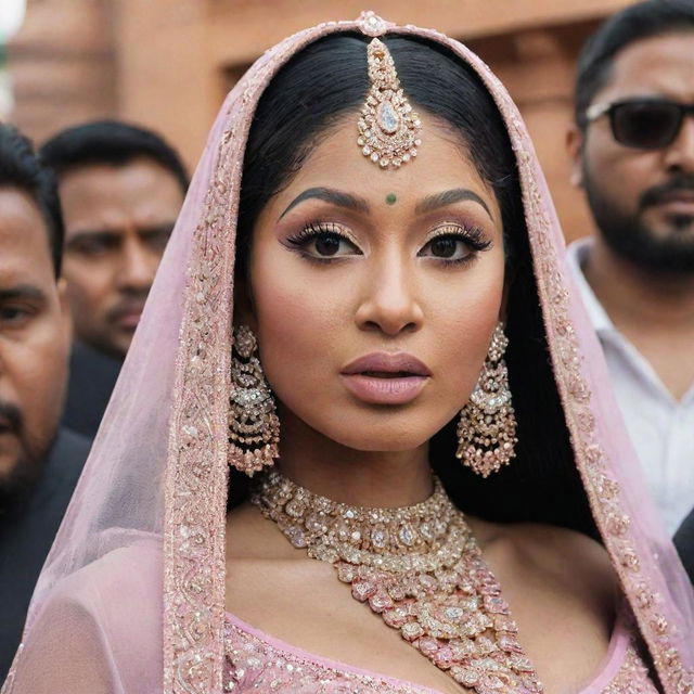 A close-up of Nicki Minaj's face, her makeup meticulously done, enhancing her features as she steps out of a luxurious vehicle at the historical Ram Mandir in Ayodhya, surrounded by her entourage and adoring fans.