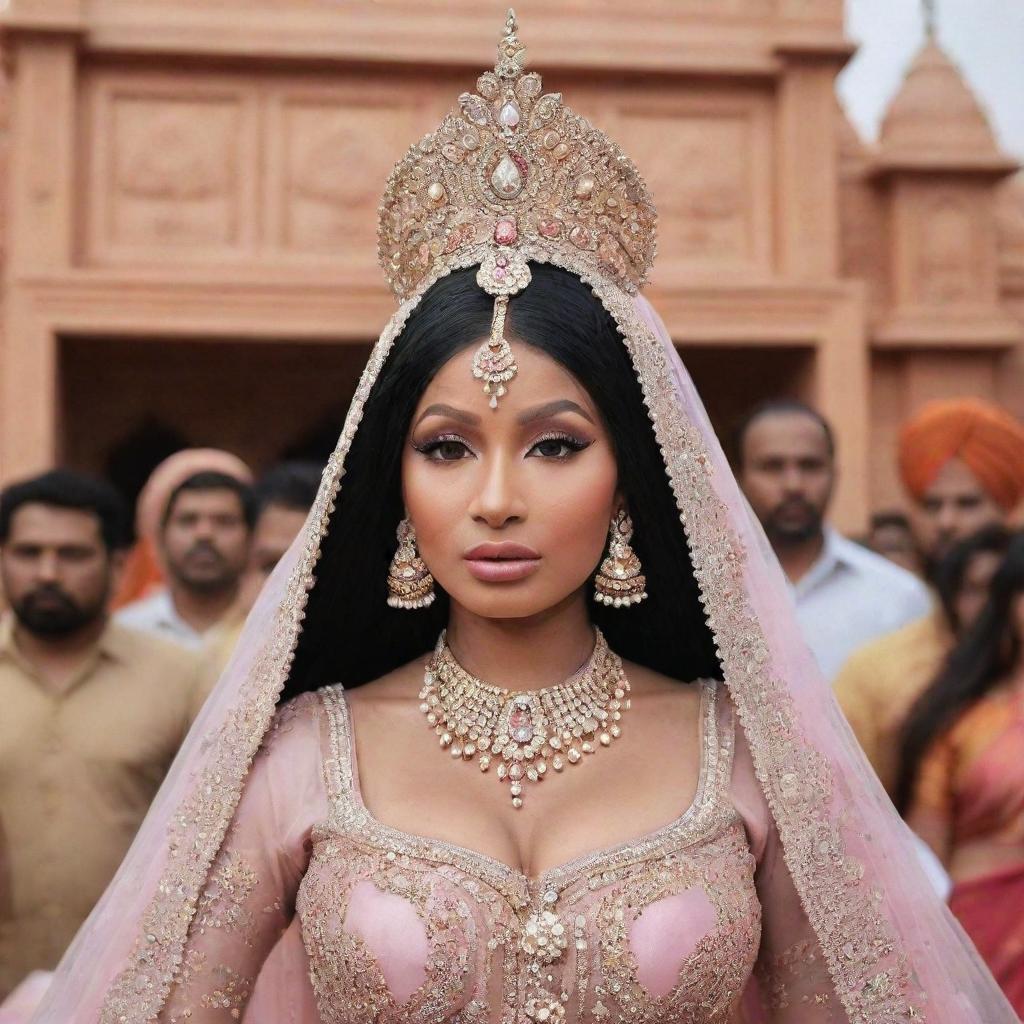 An accurate representation of Nicki Minaj's face with her distinctive features, impeccably done makeup as she steps out of a luxurious vehicle at the historical Ram Mandir in Ayodhya surrounded by her entourage and fans.