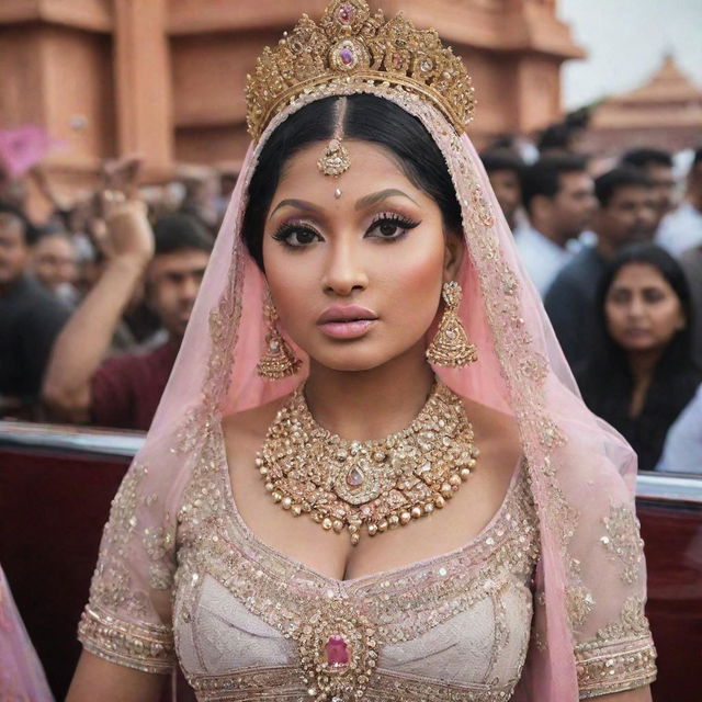 An accurate representation of Nicki Minaj's face with her distinctive features, impeccably done makeup as she steps out of a luxurious vehicle at the historical Ram Mandir in Ayodhya surrounded by her entourage and fans.