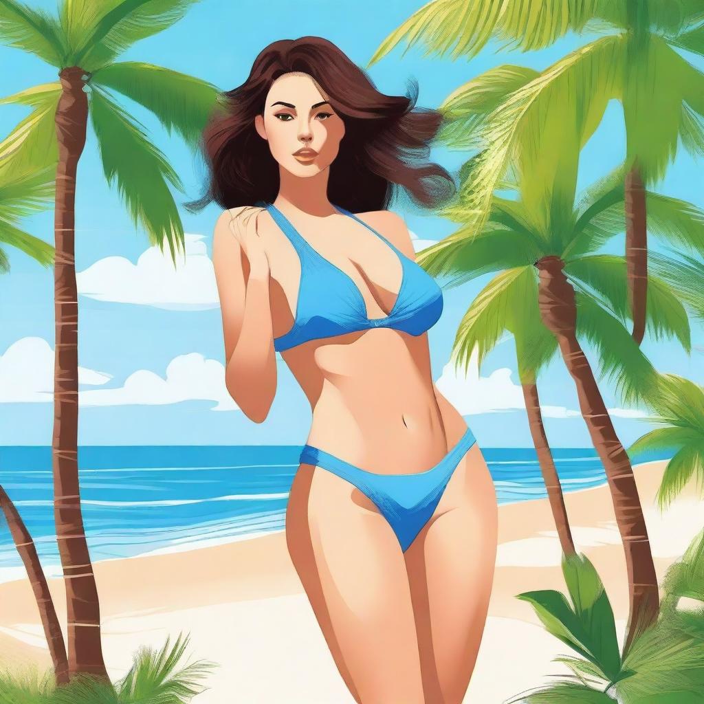 A high-quality digital art image displays an alluring figure in a bikini, posing on a serene beach