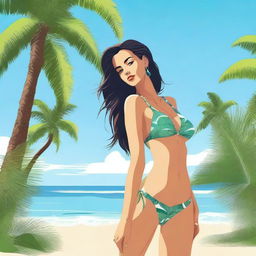 A high-quality digital art image displays an alluring figure in a bikini, posing on a serene beach