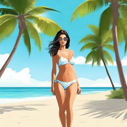 A high-quality digital art image displays an alluring figure in a bikini, posing on a serene beach