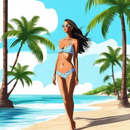 A high-quality digital art image displays an alluring figure in a bikini, posing on a serene beach