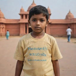 A small boy named Hemanth standing in front of the Ayodhya temple. His name, 'Hemanth', is visibly written on the back of his shirt.