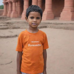 A small boy named Hemanth standing in front of the Ayodhya temple. His name, 'Hemanth', is visibly written on the back of his shirt.