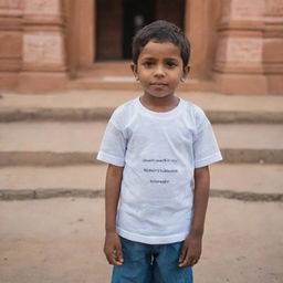 A small boy named Hemanth standing in front of the Ayodhya temple. His name, 'Hemanth', is visibly written on the back of his shirt.