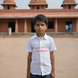 A small boy named Hemanth standing in front of the Ayodhya temple. His name, 'Hemanth', is visibly written on the back of his shirt.