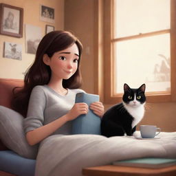 A Pixar styled illustration of a brunette girl in a cozy setting with her adorable black and white cat.