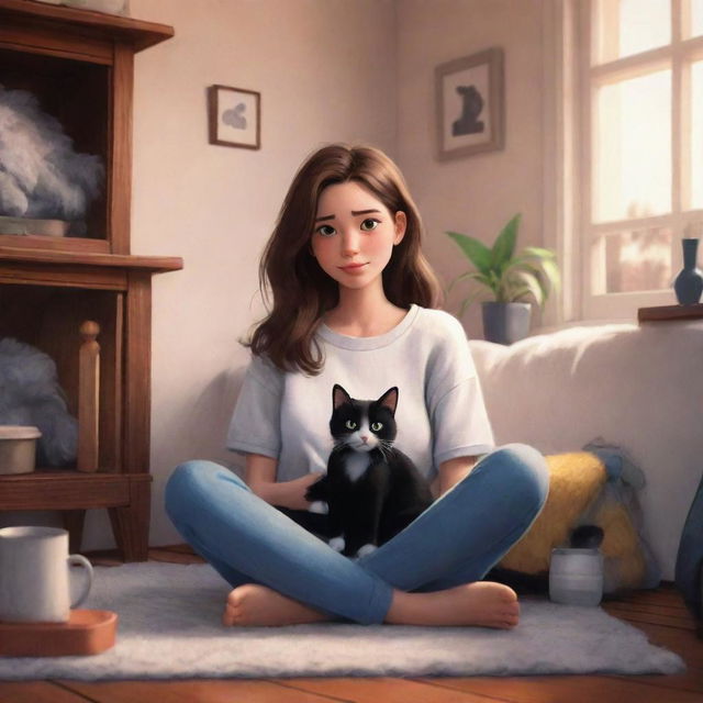 A Pixar styled illustration of a brunette girl in a cozy setting with her adorable black and white cat.