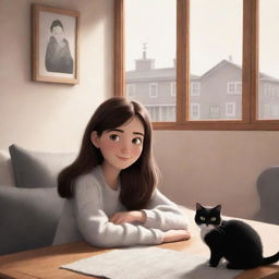 A Pixar styled illustration of a brunette girl in a cozy setting with her adorable black and white cat.