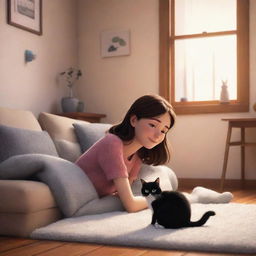 A Pixar styled illustration of a brunette girl in a cozy setting with her adorable black and white cat.