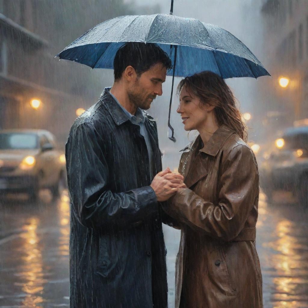 A man and a woman are caught in the rain, the light around them warm and inviting. The scene is rendered in the style of an oil painting, with each raindrop captured in sharp detail.