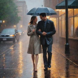 A man and a woman are caught in the rain, the light around them warm and inviting. The scene is rendered in the style of an oil painting, with each raindrop captured in sharp detail.