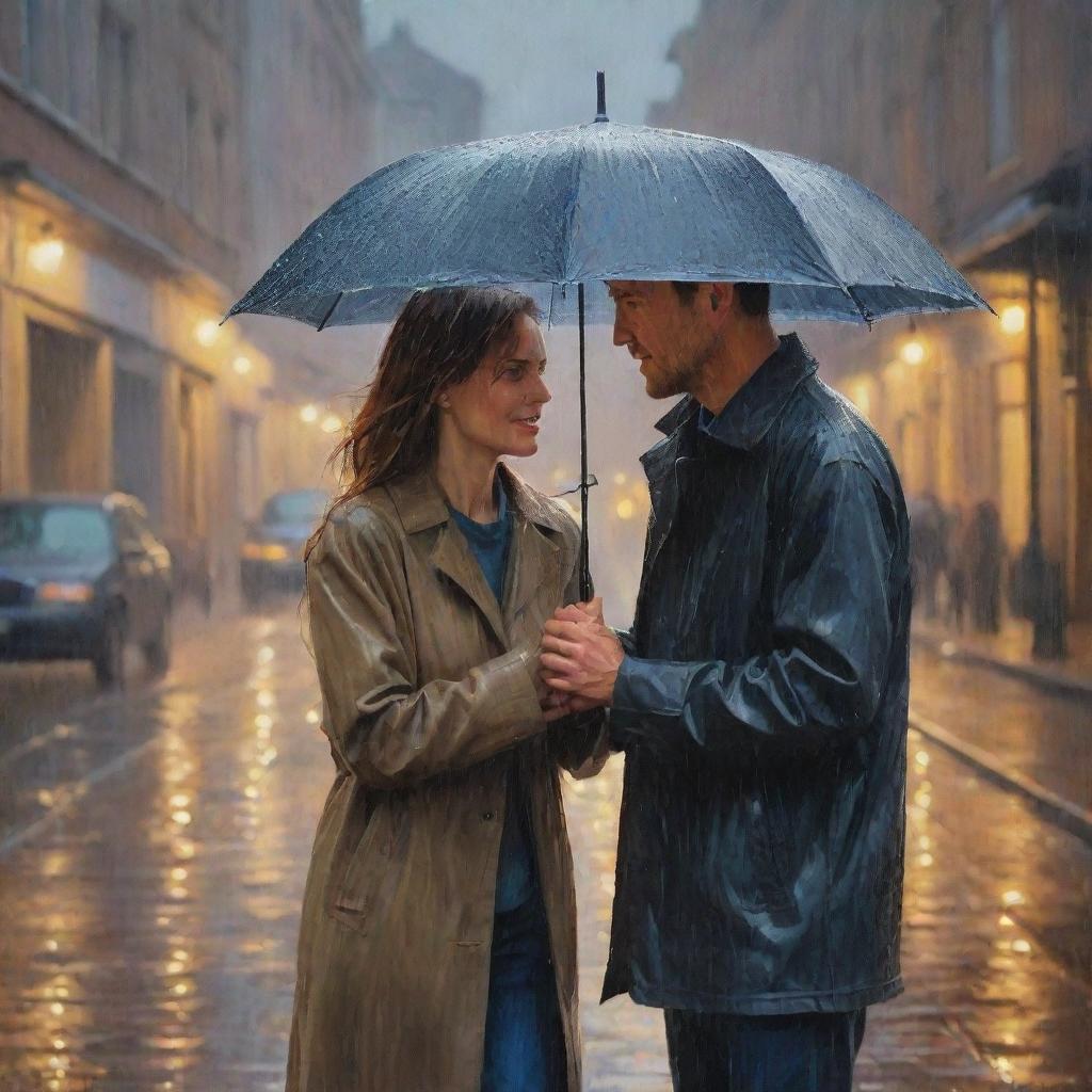 A man and a woman are caught in the rain, the light around them warm and inviting. The scene is rendered in the style of an oil painting, with each raindrop captured in sharp detail.